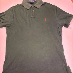 Grön pikétröja från Ralph Lauren - Säljer en klassisk grön pikétröja från Ralph Lauren med den ikoniska broderade loggan i rött på bröstet. Tröjan har korta ärmar och en traditionell krage med knappar. Perfekt för en stilren och avslappnad look. 