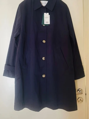 Mörkblå trenchcoat med knappar - Stilren mörkblå trenchcoat med klassisk krage och stora kontrasterande knappar framtill. Jackan har två sidofickor och dekorativa knappar vid ärmsluten. Materialet ser ut att vara bomull eller bomullsblandning, perfekt för en trendig och enkel look.
