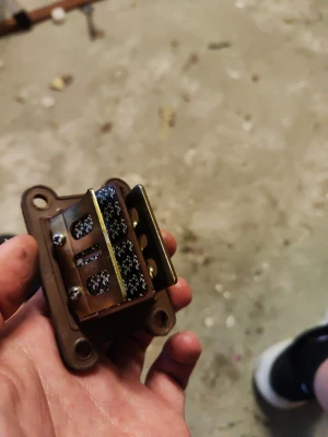 Brun reedventil till tvåtaktsmotor - Säljer en brun reedventil i metall och plast, passar till tvåtaktsmotorer. Ventilen har fyra monteringshål och flera tunna blad i metall. Perfekt för dig som mekar med moppe eller cross.