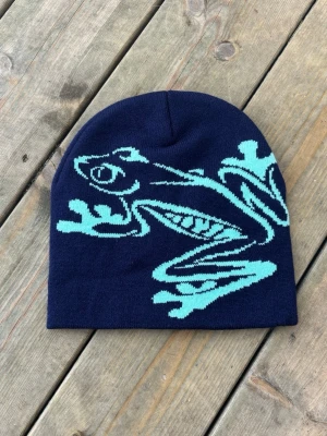 Blå / turkos Beanie mössa med groda y2k -  Marinblå mössa med turkos grodmönster. One size storlek. Ny , oanvänd. Unisex passar tjejer och killar.    