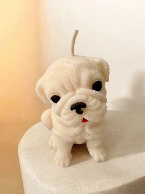 🐶🕯️ Söt bulldog – handgjort doftljus - Säljer ett gulligt bulldog-doftljus 🤍✨  🌸 Doft: pion och patchouli – blommig, lite orientalisk och väldigt behaglig ⚖️ Vikt: hela 180 g  Ljuset är både en fin dekoration och sprider en mysig stämning i hemmet 🏡💫 Perfekt som present 🎁 eller inredningsdetalj 🕯️🐾