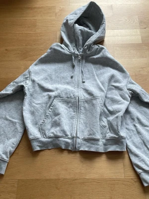 Grå hoodie med tryck och dragkedja Weekday - Grå hoodie med hel dragkedja, huva och kängurufickor. På ryggen finns ett stort tryck med texten 'Michigan Athletic Excellence' och en tecknad figur. Några små fläckar, men mycket bra skick för övrigt.