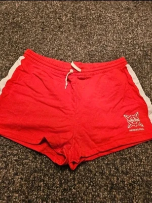 Hawkins Pool Shorts H&M Divided  L -  Hawkins Pool Shorts – Din sommaruniform från H&M Divided!  Dyk ner i 80-talets nostalgi med dessa grymma röda shorts från H&M Divided! Inspirerade av "Stranger Things" och Hawkins Pool, är dessa shorts perfekta för alla sommaräventyr. Den vita sidopanelen och den smarta snörningen i midjan ger en sportig retrokänsla, medan trycket "Lifeguard Hawkins Pool" framtill garanterat väcker uppmärksamhet.  Tillverkade i mjukt bomullsmaterial är de otroligt sköna att ha på sig, oavsett om du hänger på st