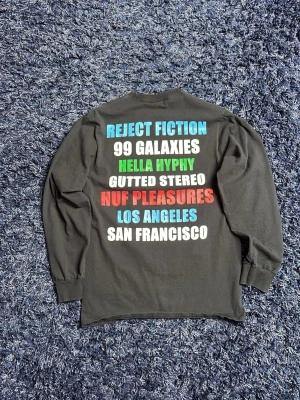 Svart långärmad HUF t-shirt - Säljer en svart långärmad t-shirt från HUF med tryck i flera färger på ryggen och ett mindre rött tryck på bröstet. Tröjan har rund hals och är gjord i mjuk bomull, perfekt för en avslappnad streetwear-look. Hör av er vid minsta fundering!