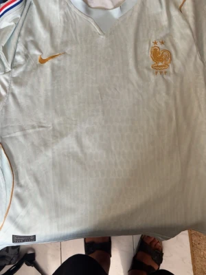 Frankrike Nike fotbollströja ljusblå - Snygg ljusblå fotbollströja från Nike med Frankrikes landslagsmärke och två stjärnor i guld på bröstet. Guldiga detaljer och diskret mönster i tyget. Trikolorfärgade detaljer vid ärmslut och Aero-FIT material för extra komfort.