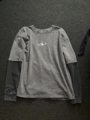 Grå långärmad tröja med tryck - Säljer en grå långärmad tröja med svart kontrast på ärmarna och ett vitt grafiskt tryck på bröstet. Tröjan har en avslappnad passform, rund halsringning och är gjord i mjukt bomullsmaterial. Perfekt för en chill streetwear-stil.