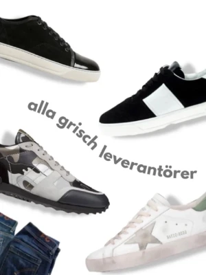 Fyrpack sneakers i olika färger - Fyra par sneakers i olika stilar: ett par svarta med vit sula, ett par svartvita med bred vit detalj, ett par kamouflagemönstrade i grå och svart samt ett par vita med grå stjärna och slitna detaljer. Alla har klassisk låg profil och snörning.