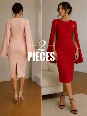 Elegant cape-klänning i rött och beige - Två snygga cape-klänningar i rött och beige med figurnära passform och slits bak. Klänningarna har unika cape-ärmar och rund halsringning, vilket ger en cool och modern look. Perfekt för dig som vill sticka ut med stilrena detaljer och trendig design.