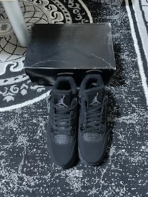 Svarta Air Jordan 4 Black cats - Säljer ett par svarta Air Jordan 4 Black cats sneakers med klassisk siluett och meshdetaljer på sidorna. Skorna har Jumpman-logga på plösen och är tillverkade i en mix av läder och textil. Perfekta för dig som gillar streetwear och ikoniska sneakers.