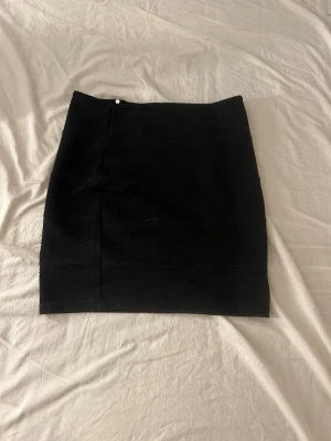 Svart kortkjol med dragkedja - Snygg svart kortkjol med markerad struktur och en synlig dragkedja baktill. Kjolen har en tight passform och är perfekt att styla med en cool topp eller oversized tröja. Enkel men stilren design som funkar till många looks.