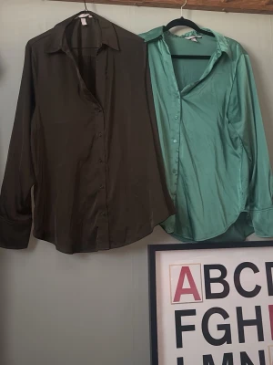 Två långärmade skjortor i satinlook - Säljer två stilrena skjortor i satinlook, en i brun och en i mintgrön. Båda har klassisk krage, knappar framtill och lång ärm. Perfekta för dig som vill ha en clean och trendig look. Säljer de ihop för priset 💕💕 super snyggt med en spets bh eller spets linne under 🤩