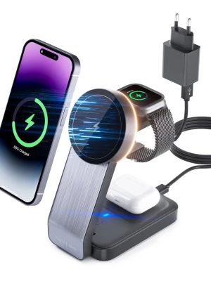 Trådlös 3-i-1 laddningsstation - Snygg och modern trådlös 3-i-1 laddningsstation från TISATAGO i svart och silver. Laddar samtidigt din mobil, smartwatch och hörlurar. Kommer med USB-laddare och kabel. Perfekt för att hålla alla dina enheter laddade på ett ställe.