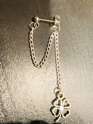 By prisförslag- 1 st Silverfärgat örhänge med kedja fyrklöver  - Unikt silverfärgat örhänge med dubbla kedjor och en fyrklöverberlock. Örhänget har en minimalistisk design och är tillverkat i metall. Perfekt för dig som vill ha en cool detalj till din stil.