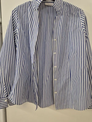 Skjorta - Säljer en klassisk blåvit randig skjorta från Chicos med lång ärm och knappar framtill. Skjortan har en rak passform och är tillverkad i bomull, perfekt för dig som gillar stilrena och tidlösa plagg. Snygg krage och manschetter med knappar.