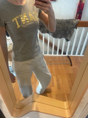 Grå GANT t-shirt med guldig logga - Säljer en grå t-shirt från GANT med guldig logotyp tryckt över bröstet. T-shirten har rund halsringning och korta ärmar, är i fint skick inga skavanker