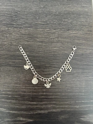 Silverfärgat charmarmband med hängen - Snyggt silverfärgat armband med fem olika hängen: en måne, ett snäckskal, ett bi, en stjärna och ett tassavtryck. Kedjan har en klassisk länkkedjedesign och stängs med en karbinhake. Jag kan göra armbandet längre med några ringar.
