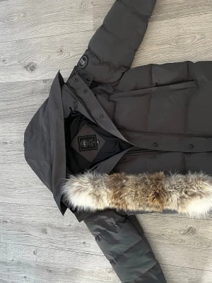 Grå dunjacka med pälskant från Canada Goose - Snygg grå dunjacka från Canada Goose med avtagbar huva och pälskant. Jackan har en klassisk patch på ärmen, stora fickor och svarta muddar vid ärmsluten. Perfekt för kalla vinterdagar och riktigt varm tack vare dunfyllningen.