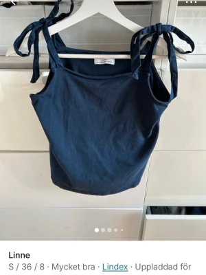 Mörkblå linnetopp från Lindex - Supersnygg mörkblå linnetopp från Lindex, Holly & Whyte. Toppen har knytbara axelband och är tillverkad i mjuk bomull. Perfekt för varma dagar och enkel att styla med jeans eller kjol. Knappt använd, säljs inte längre i butik. 