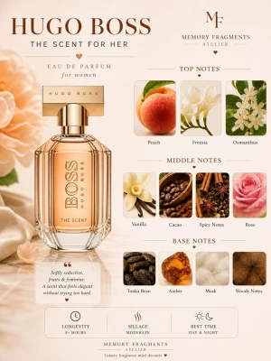 Hugo Boss The Scent for Her - ✨ Hugo Boss The Scent for Her decant ✨ Elegant, varm och sensuell doft med noter av persika, freesia och kakao 🍑🤍                       • 3ml – 59kr • 5ml – 89kr • 10ml – 149kr Perfekt om du vill testa parfymen innan full size ✨                                                               📍 Meetup möjligt i Malmö/Borås.               💌 Skriv innan köp vid flera samples för kombinerad frakt.                                                         Instagram: @memoryfragments.atelier