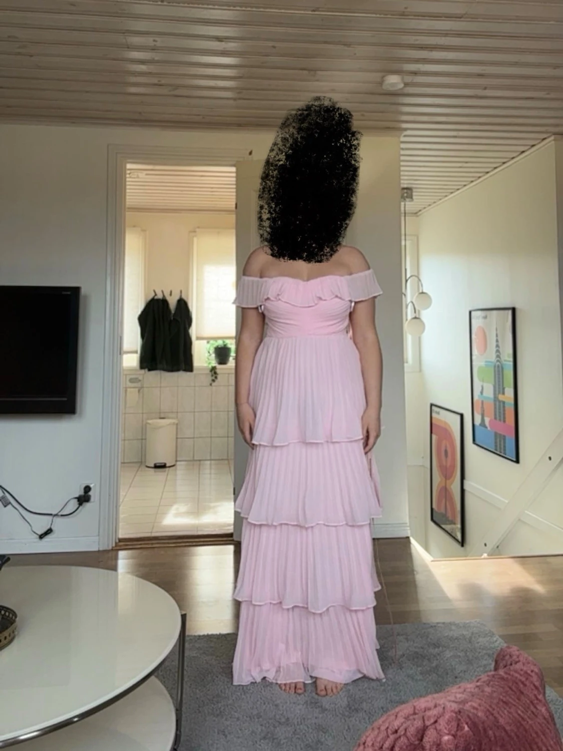 Ljusrosa offshoulder långklänning - 1