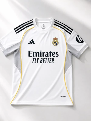 Real Madrid matchtröja Adidas vit - Snygg vit Real Madrid matchtröja från Adidas med svarta och gula detaljer. Tröjan har klubbmärke, sponsortryck och AEROREADY-material som andas. Grå partier på ärmar och sidor samt HP-logga på ena ärmen. Perfekt för fotboll eller träning. Använd ett par få gånger 😁