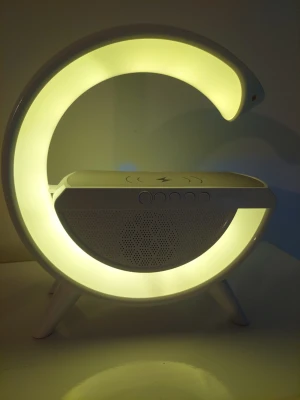 LED Trådlös Laddningshögtalare med Flerfärgad Belysning - Denna LED trådlösa laddningshögtalare erbjuder en kombination av funktioner för att förbättra din upplevelse. Den har trådlös laddning, vilket gör det enkelt att ladda kompatibla enheter. Med sju färgval kan du anpassa belysningen efter ditt humör eller inredning. Högtalaren inkluderar även FM-radio för att lyssna på dina favoritstationer. Den är designad för lång standbytid, vilket ger utökad användning. Denna enhet har fyra uppspelningslägen: trådlös, USB, TF-kort och AUX, vilket ger flexibili