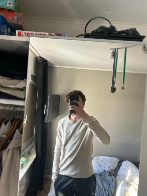 Beige långärmad tröja - En enkel och stilren beige långärmad tröja med rund hals. Tröjan har en avslappnad passform och är tillverkad i ett mjukt material som passar perfekt till vardags. Inga synliga loggor eller tryck. Väldigt snygg att ha på en lite kyligare sommarkväll när du är med polarna ☀️🙌