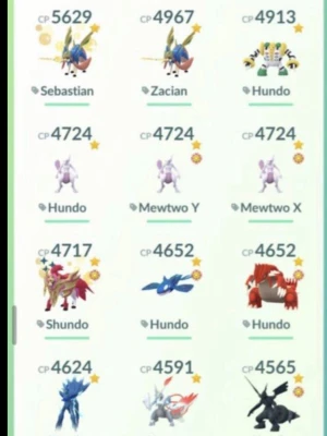 Pokemon Go legendariska Pokémon-lista - En skärmdump från Pokemon Go som visar en samling av legendariska och mytiska Pokémon, inklusive Zacian, Regigigas, Mewtwo, Groudon och Kyogre. Färgerna varierar mellan blå, röd, vit och svart. Gränssnittet är digitalt och visar CP-värden och namn. Säljer konton för att jag tappat intresset och bara behovet pengar.