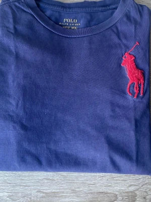 Blå t-shirt från Polo Ralph Lauren - Snygg blå t-shirt från Polo Ralph Lauren med klassisk rund hals och korta ärmar. Stort rött broderat logomärke med häst på bröstet. Gjord i mjuk bomull som är skön att bära och passar perfekt till jeans eller shorts.