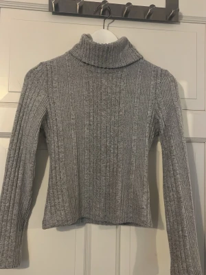 Grå ribbad polotröja - Säljer en grå ribbstickad polotröja från SHEIN i storlek Petite XS. Tröjan har långa ärmar, hög polokrage och är gjord i mjukt stickat material. Perfekt för lager på lager och enkel att matcha med olika outfits.