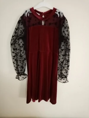 Vinröd klänning med meshärmar Klotter - Vinröd kortklänning från Klotter med transparenta svarta meshärmar dekorerade med blommigt mönster. Klänningen har rund halsringning och lätt utställd kjol. Perfekt för dig som vill sticka ut med coola detaljer och unik design.