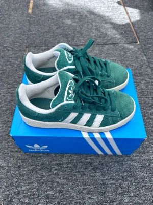 Gröna Adidas Campus 00s - Säljer mina gröna Adidas Campus i mycket bra skick! Bara använda ett fåtal gånger, inga skador, fläckar, eller märken. Snygg mörkgrön färg med vita ränder och gröna snören. Klassiska campus 00s, perfekta sneakers till våren och sommaren!💕Priset kan självklart diskuteras. Nypris: 1449kr