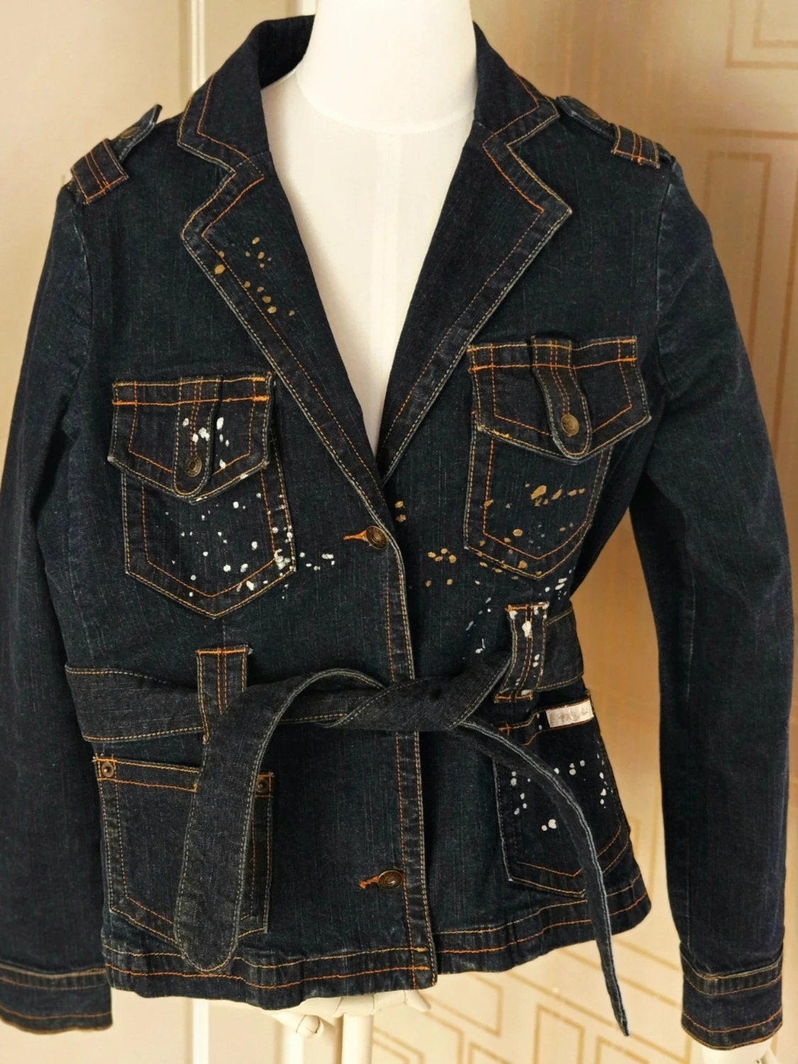Baby Phat ÄKTA-Jeans Jacket-Y2K Gold Metallic Paint Splattered Stl XL, liten stl 
