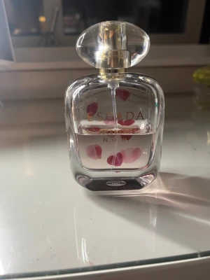 Escada Celebrate N.O.W parfym - En elegant parfymflaska från Escada, modellen Celebrate N.O.W. Flaskan är genomskinlig med rundade kanter och dekorerad med rosa hjärtformade detaljer. Locket är i klar plast med guldfärgad spraydel. Perfekt för dig som gillar fräscha och feminina dofter.