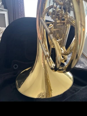 Franskt horn i mässing - Säljer ett franskt horn i blankpolerad mässing med flera ventiler och detaljerade rör. Instrumentet har en klassisk rund form och levereras med ett svart fodral. Perfekt för dig som spelar i orkester eller vill börja med blåsinstrument.