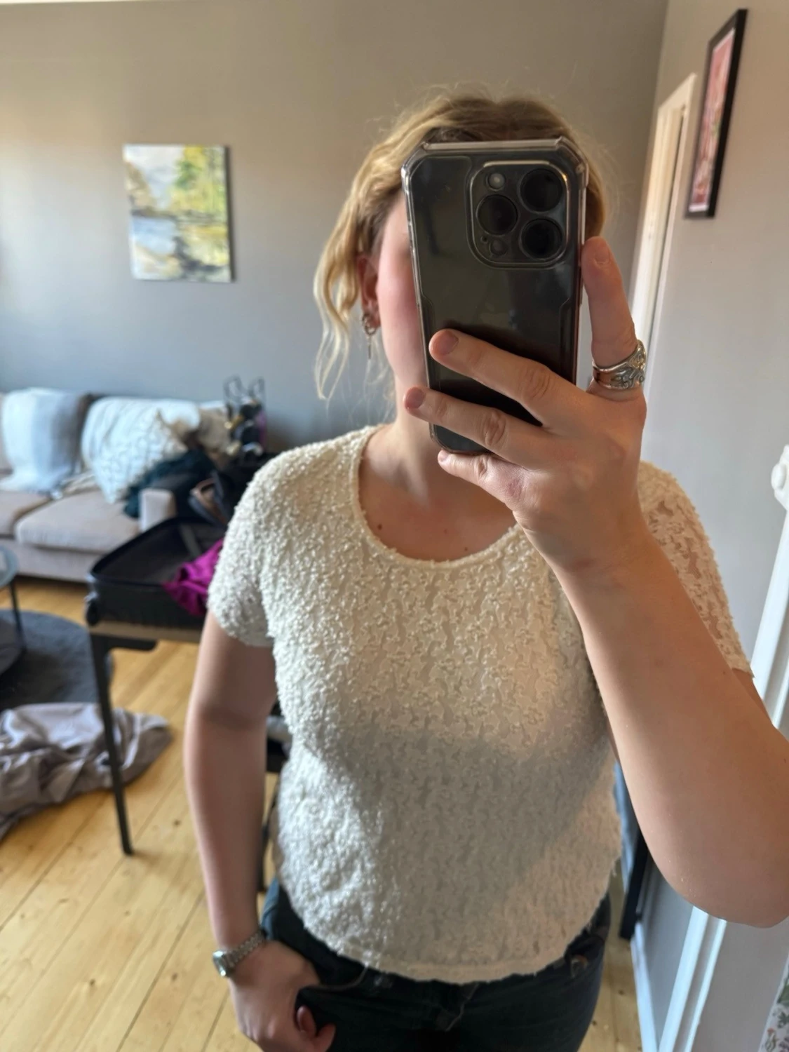 Vit spetsblus med kort ärm - 1