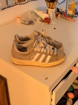 Grå  Campus sneakers - Snygga grå Adidas Campus sneakers i mocka med klassiska vita ränder på sidorna och vit sula. Storlek 39! Obs gör rent de så gott de går vid köp och man kan även göra de som nya själv❣️