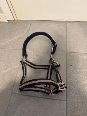 Marinblå grimma till häst - Säljer en marinblå grimma med beige ränder, justerbar vid nacken och med silvriga metallspännen. Tillverkad i slitstarkt nylonmaterial och passar till häst. Perfekt för stall och transport.