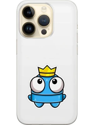 Genomskinligt mobilskal med blå figur - Snyggt genomskinligt mobilskal med en blå tecknad figur som har en gul krona på huvudet. Skalet är gjort av plast och skyddar mobilen samtidigt som det ger en lekfull och unik look. Perfekt för dig som vill ha ett skal som sticker ut.