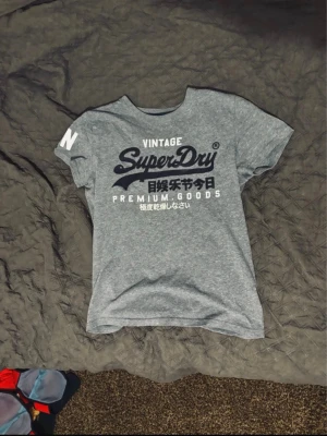 Grå Superdry t-shirt med tryck - Snygg grå t-shirt från Superdry med stort vitt och svart tryck på bröstet och japanska tecken. Klassisk rund hals och korta ärmar. Perfekt till jeans eller shorts för en avslappnad look.