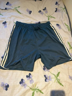 Två par sportiga shorts med ränder - Säljer två par sportiga shorts i blått och grönt med vita ränder längs sidorna. Båda har elastisk midja och snörning för skön passform. Perfekta för träning eller chill dagar. Materialet känns lätt och andas bra.