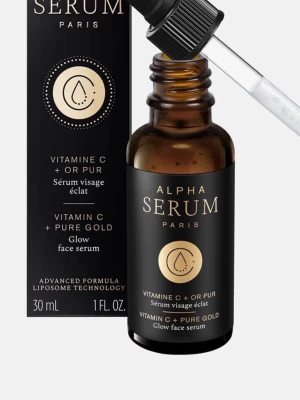 Alpha Serum Paris Glow Face Serum - Alpha Serum Paris Glow Face Serum med vitamin C och rent guld. Kommer i en brun glasflaska med svart etikett och pipett för enkel applicering. Innehåller 30 ml och har en lyxig känsla med avancerad liposomteknologi. Perfekt för dig som vill boosta glowet i din hudvårdsrutin. Marknadspris ca 2500-: för 30 ml.