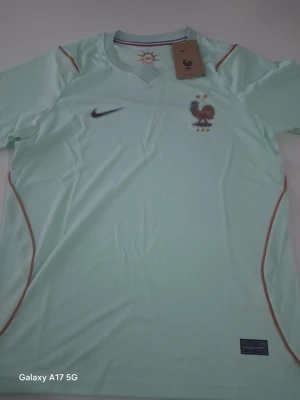 Nike Frankrike fotbollströja ljusblå - Snygg ljusblå fotbollströja från Nike med Frankrikes landslagsemblem och två stjärnor på bröstet. Tröjan har korta ärmar, rund hals och tunna bruna detaljer längs sidorna. Tillverkad i ett lätt och ventilerande material, perfekt för träning eller match.