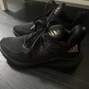 Svarta Adidas sneakers - Svarta Adidas sneakers med guldiga detaljer och mönstrade snören i storlek 37 1/3. Skorna har en sportig design och diskreta ränder på sidan. Insidan av skon är orange/röd. Adidas-logga finns på sidan av skon och flärpen vid snörningen. 