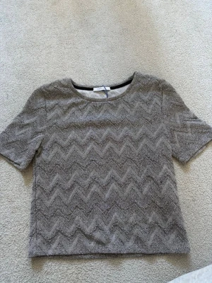 Glittrig topp - Säljer en silvrig/grå topp från Zara med korta ärmar och rund hals. Toppen har ett snyggt zigzag-mönster i strukturen som ger en cool textur. Perfekt att styla med jeans eller kjol för en trendig look. Så unik!