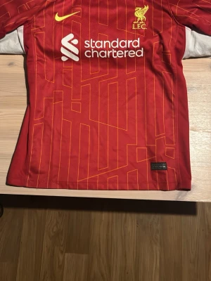 Liverpool matchtröja Nike röd - Liverpool FC matchtröja i rött med gula detaljer och grafiskt mönster. Nike-logga och klubbmärke på bröstet samt sponsortryck 'Standard Chartered' framtill. Tillverkad i lätt och ventilerande funktionsmaterial, perfekt för fotbollsträning.