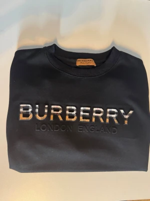 Svart Burberry hoodie  - Snygg svart hoodie från Burberry med stor logga i metallic och texten 'London England' broderad på bröstet. Klassisk passform med rund halsringning och mjukt material som känns lyxigt. Perfekt för dig som vill ha en stilren och exklusiv look.