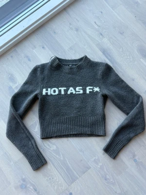 Grå cropped stickad tröja F5 Sister - Mörkgrå cropped stickad tröja från F5 Sister Knitwear med texten 'HOT AS F*' i vitt framtill. Tröjan har långa ärmar, ribbade muddar och rund hals. Perfekt för dig som vill ha en edgy och trendig look.