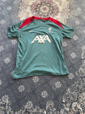 Liverpool tränings t-shirt Nike grön/röd - Snygg grön tränings t-shirt från Nike med Liverpool FC-logga och AXA-tryck på bröstet. Tröjan har röda axelpartier, korta ärmar och är tillverkad i ett lätt och ventilerande funktionsmaterial. Perfekt för fotbollsträning eller gymmet.