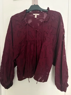 Vinröd transparent blus med knyt - Vinröd blus från H&M i transparent tyg med mönstrad struktur. Blusen har långa ärmar med knappar vid ärmslut och knytband vid halsen. 